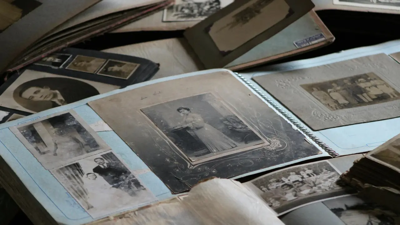 A collection of vintage photo albums open, showcasing black-and-white photographs of people in historical attire, capturing memories of the past.