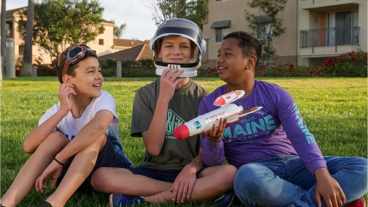 1. Three boys sitting on the grass, playing with a colorful toy, enjoying a sunny day outdoors.
