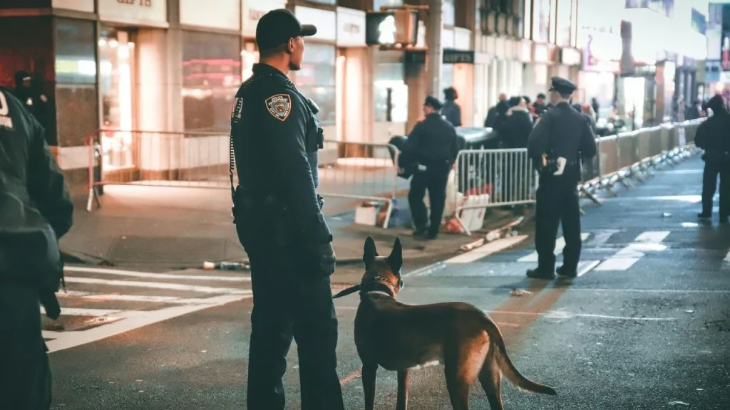 A police officer and his dog are positioned on the street, showcasing their partnership in community safety.