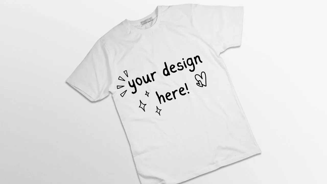White T-shirt with the text "your design here!" in black, accompanied by hand-drawn stars, lines, and a heart. Simple and inviting design space.