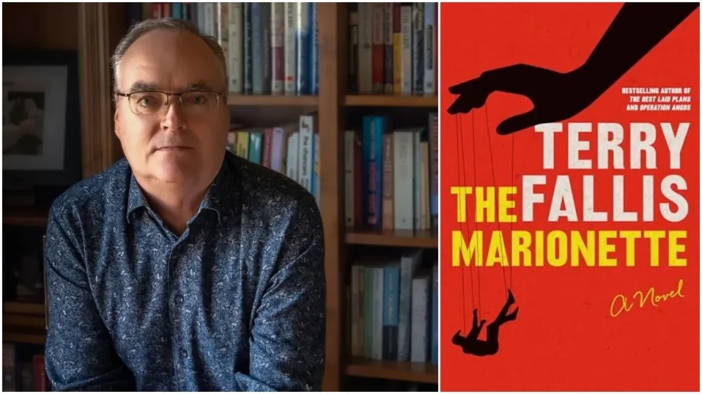 A man with glasses sits in front of a bookshelf, wearing a patterned shirt. Next to him is a book cover titled "The Marionette" with a red background, featuring a silhouette hand controlling a marionette. The mood is intellectual and contemplative.