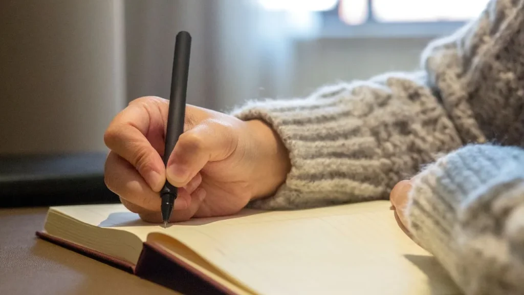 A hand in a gray sweater writes in an open notebook with a black pen. Soft light suggests a cozy, contemplative atmosphere.