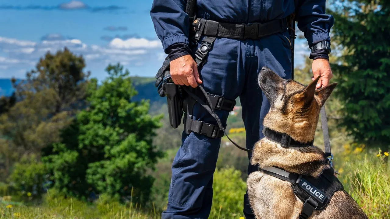 A police officer is positioned next to a German Shepherd dog, showcasing their partnership in law enforcement.