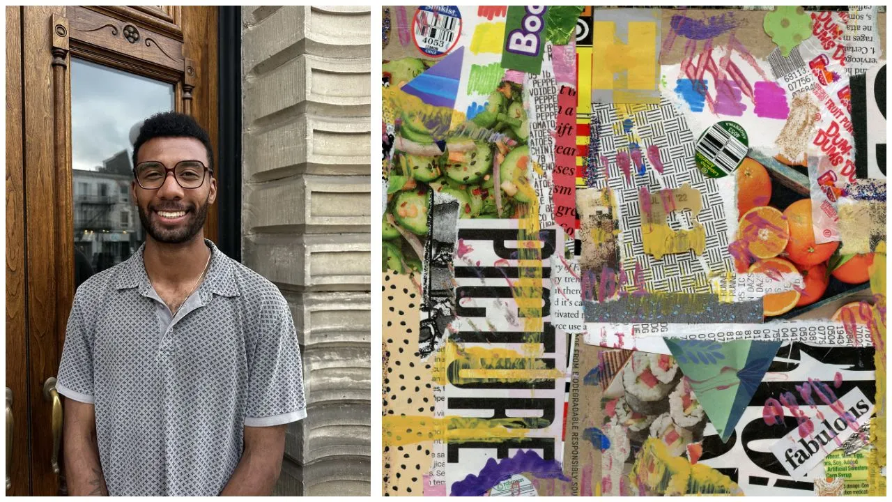 The left side of this image features Manny Brinton standing in front of a contemporary building; the right side of this image shows a collage made of clippings of a variety of images.