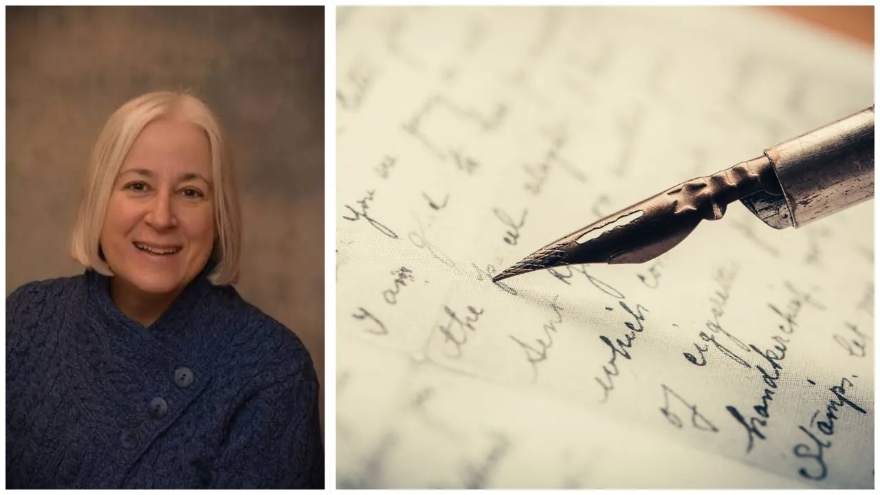 Auhtor Jennifer Frankum on the left, wearing a blue sweater against a brown background. On the right, a hand holds a pen poised over a piece of paper.