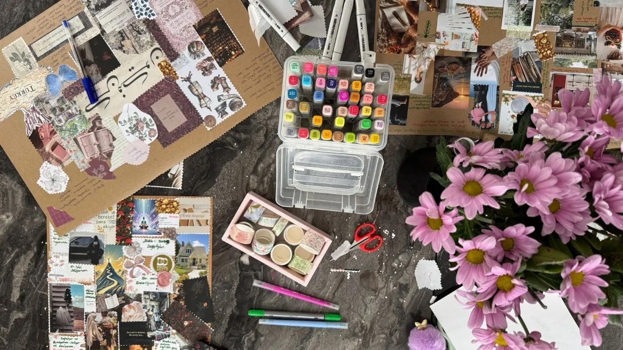 A table displaying various papers, pens, scissors, and a bouquet of flowers arranged decoratively.