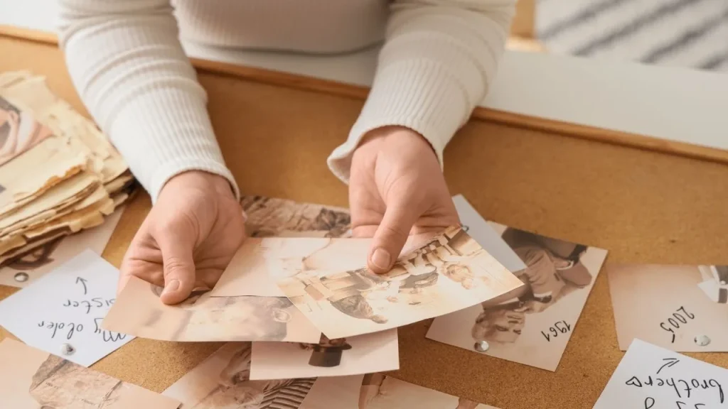 A woman holds a paper displaying multiple photographs, showcasing various moments captured in images.